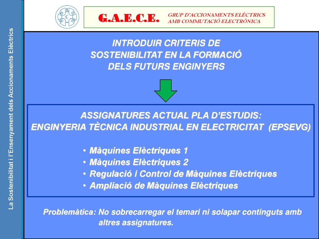 G.A.E.C.E. GRUP D’ACCIONAMENTS ELÈCTRICS. AMB COMMUTACIÓ ELECTRÒNICA. INTRODUIR CRITERIS DE SOSTENIBILITAT EN LA FORMACIÓ DELS FUTURS ENGINYERS.