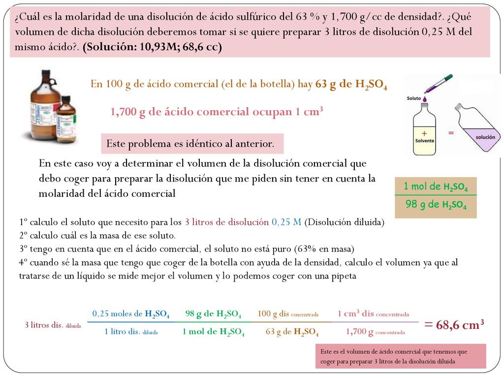 ¿Cuál es la molaridad de una disolución de ácido sulfúrico del 63 % y 1,700 g/cc de densidad . ¿Qué volumen de dicha disolución deberemos tomar si se quiere preparar 3 litros de disolución 0,25 M del mismo ácido . (Solución: 10,93M; 68,6 cc)