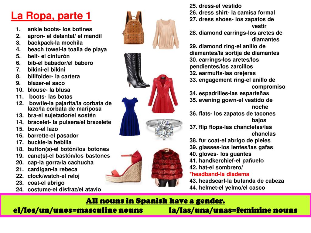 La Ropa, parte 1 All nouns in Spanish have a gender.