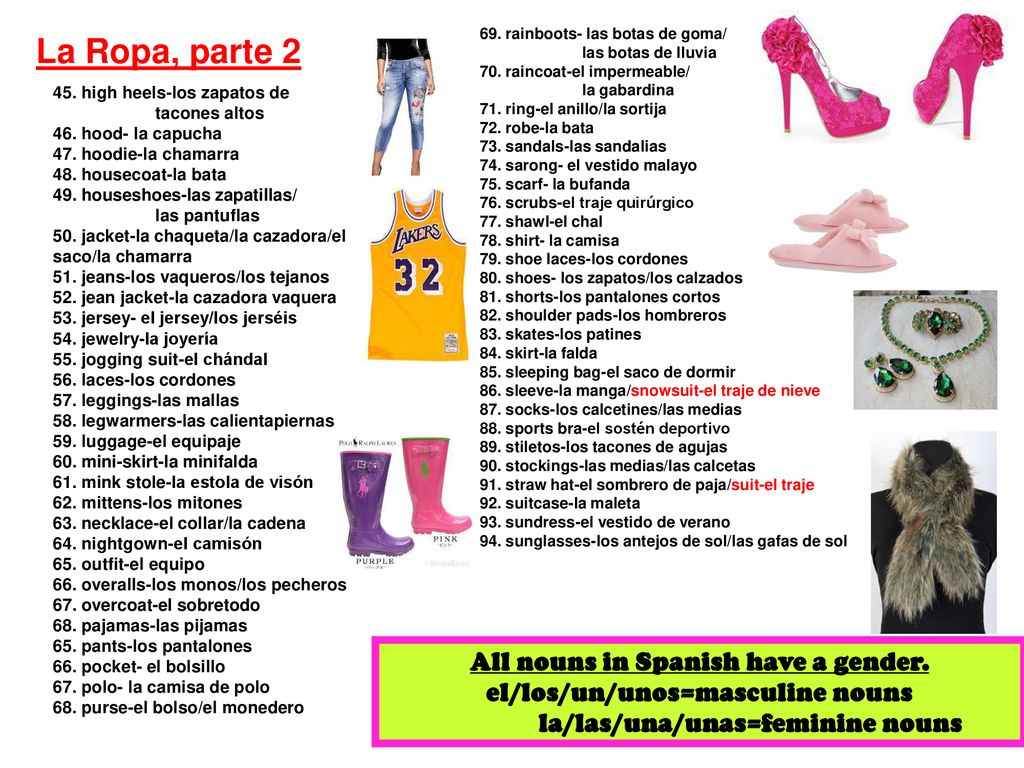 La Ropa, parte 2 All nouns in Spanish have a gender.