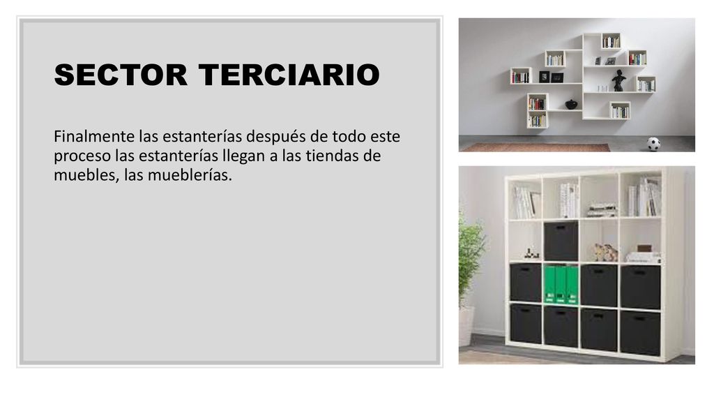 SECTOR TERCIARIO Finalmente las estanterías después de todo este proceso las estanterías llegan a las tiendas de muebles, las mueblerías.