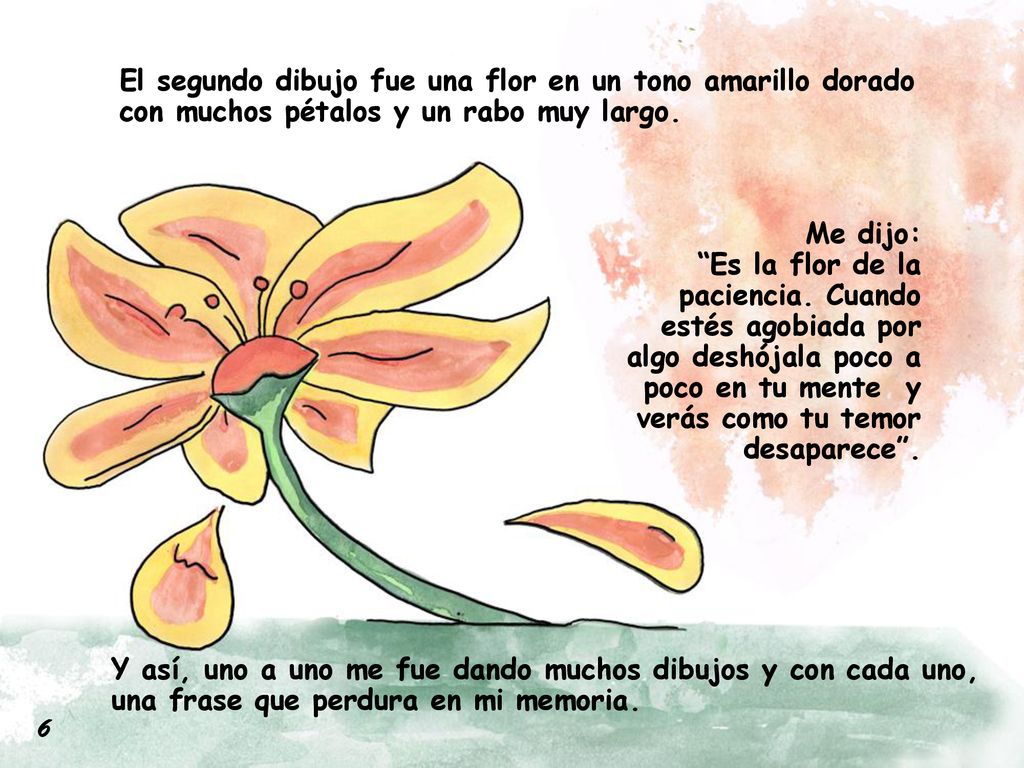 El segundo dibujo fue una flor en un tono amarillo dorado con muchos pétalos y un rabo muy largo.