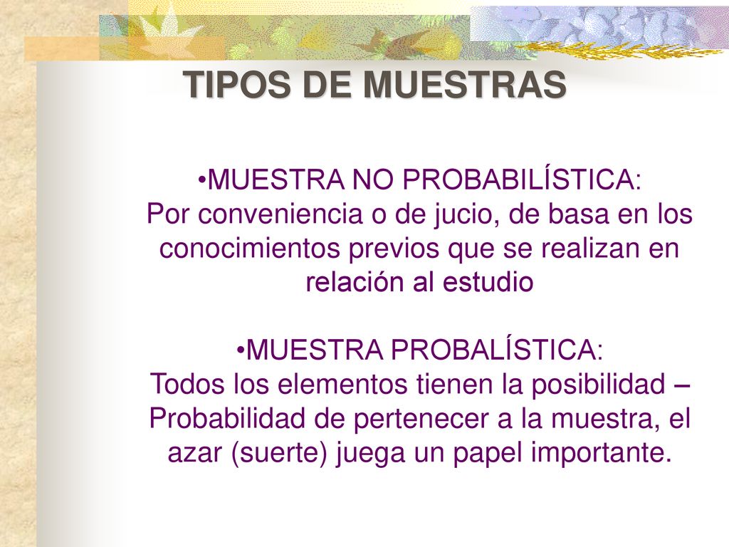 TIPOS DE MUESTRAS MUESTRA NO PROBABILÍSTICA: