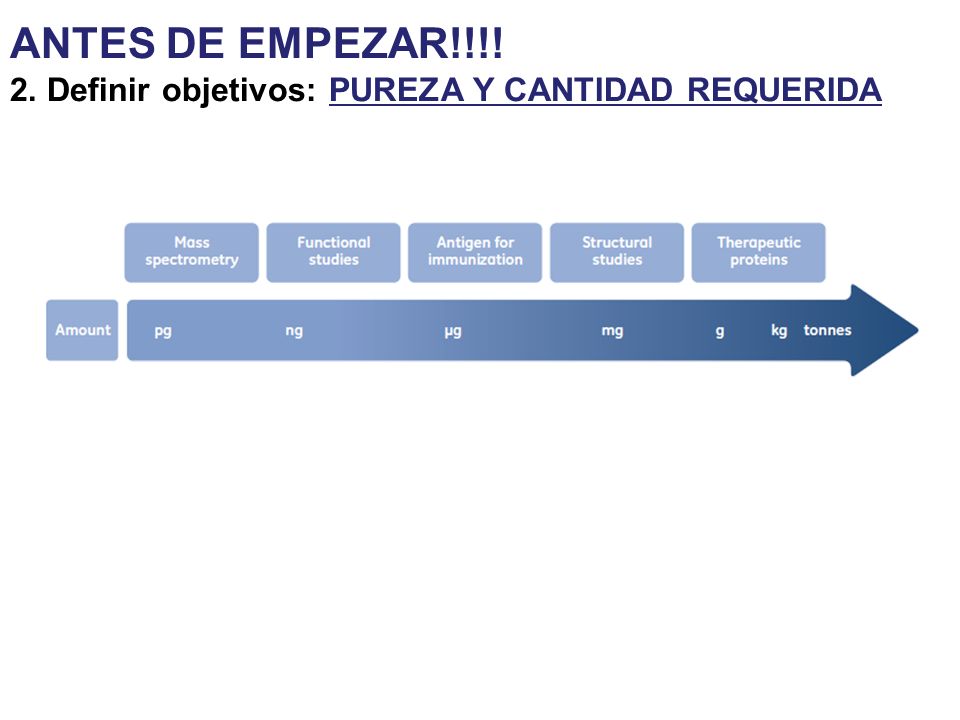 ANTES DE EMPEZAR!!!! 2. Definir objetivos: PUREZA Y CANTIDAD REQUERIDA