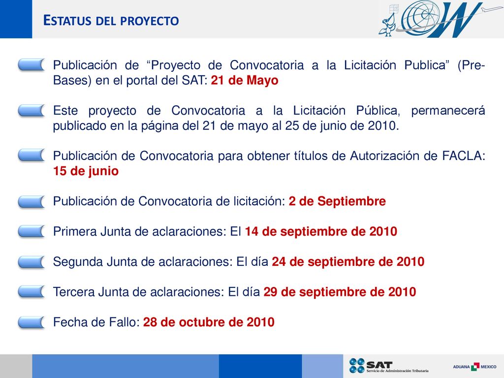 Estatus del proyecto Publicación de Proyecto de Convocatoria a la Licitación Publica (Pre- Bases) en el portal del SAT: 21 de Mayo.