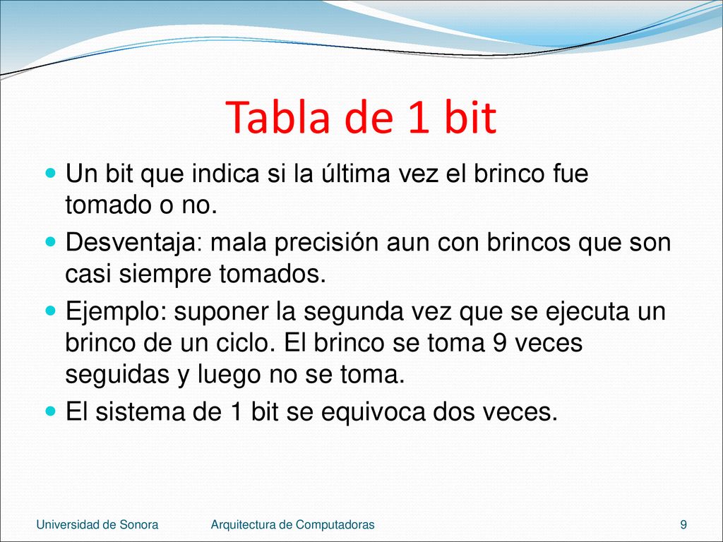 Tabla de 1 bit Un bit que indica si la última vez el brinco fue tomado o no.