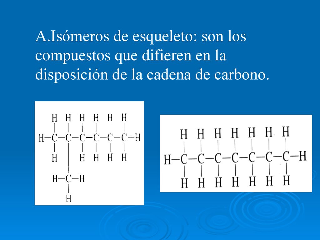 A.Isómeros de esqueleto: son los compuestos que difieren en la disposición de la cadena de carbono.