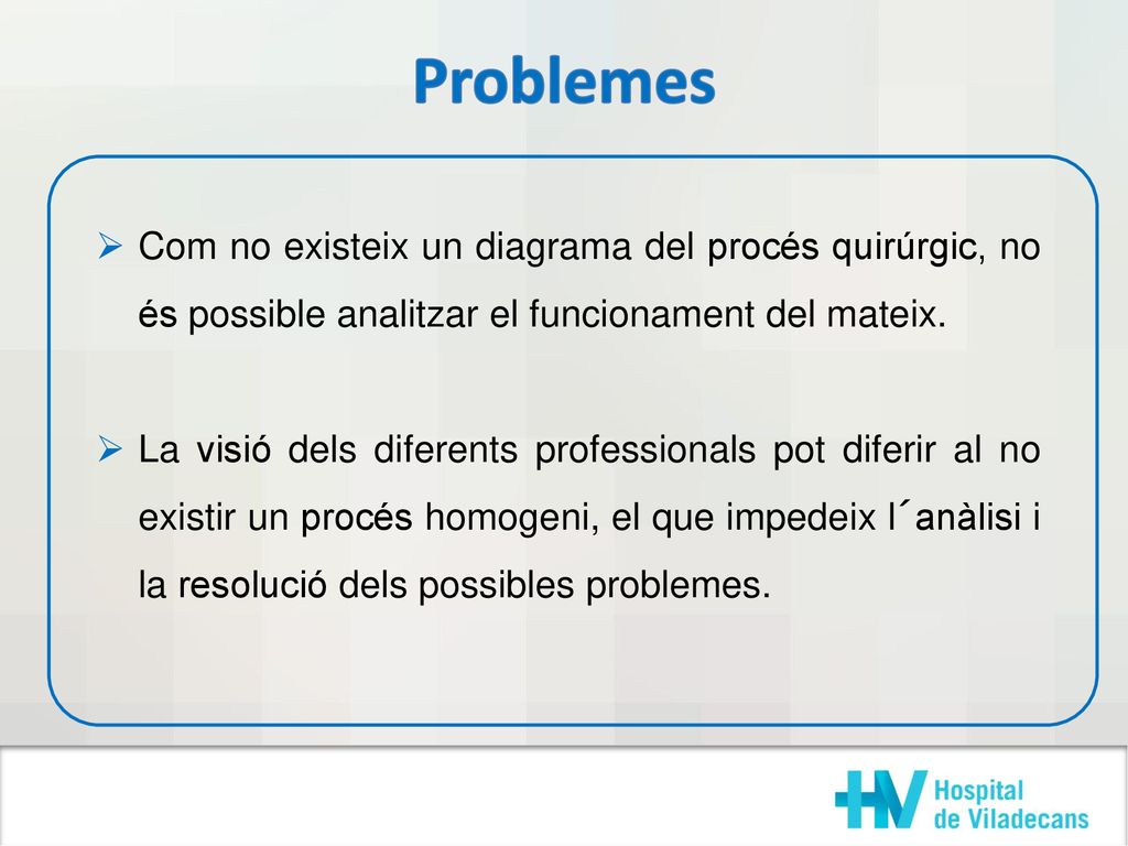 Problemes Com no existeix un diagrama del procés quirúrgic, no és possible analitzar el funcionament del mateix.