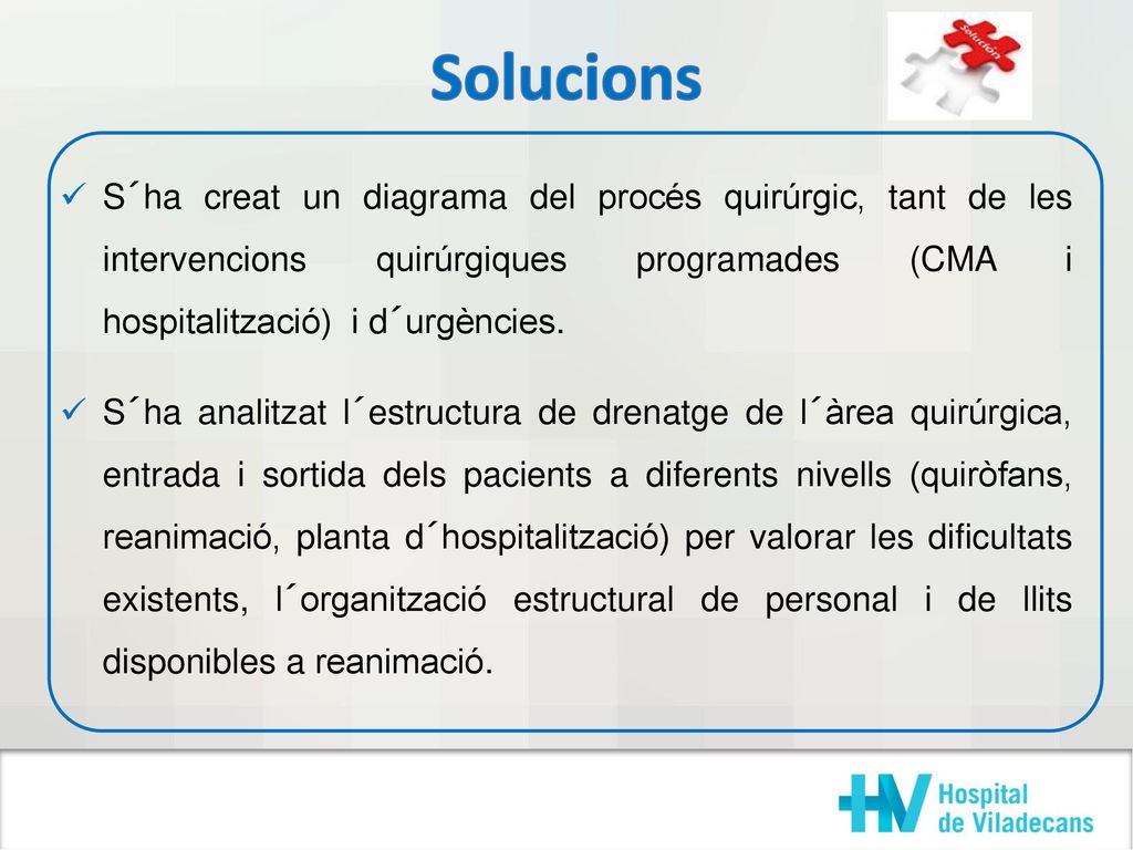 Solucions S´ha creat un diagrama del procés quirúrgic, tant de les intervencions quirúrgiques programades (CMA i hospitalització) i d´urgències.