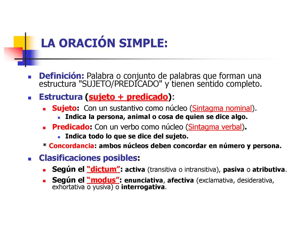LA ORACIÓN SIMPLE: Definición: Palabra o conjunto de palabras que forman una estructura SUJETO/PREDICADO y tienen sentido completo.
