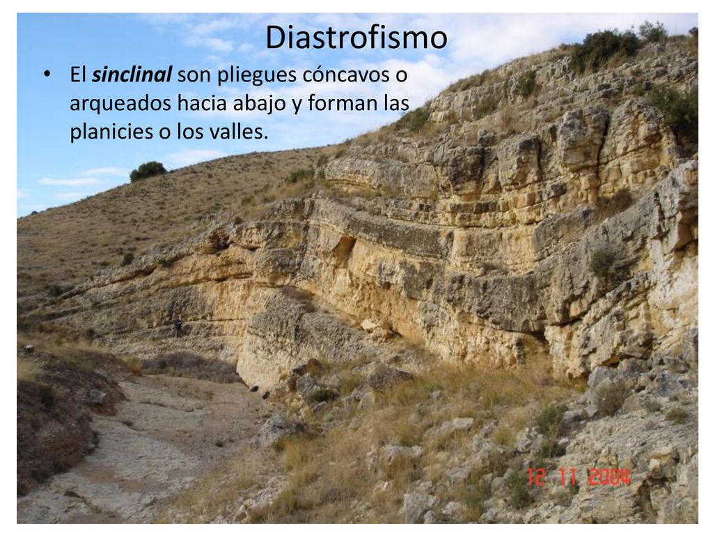 Diastrofismo El sinclinal son pliegues cóncavos o arqueados hacia abajo y forman las planicies o los valles.