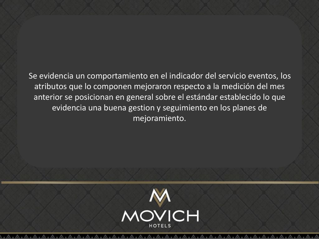 Se evidencia un comportamiento en el indicador del servicio eventos, los atributos que lo componen mejoraron respecto a la medición del mes anterior se posicionan en general sobre el estándar establecido lo que evidencia una buena gestion y seguimiento en los planes de mejoramiento.