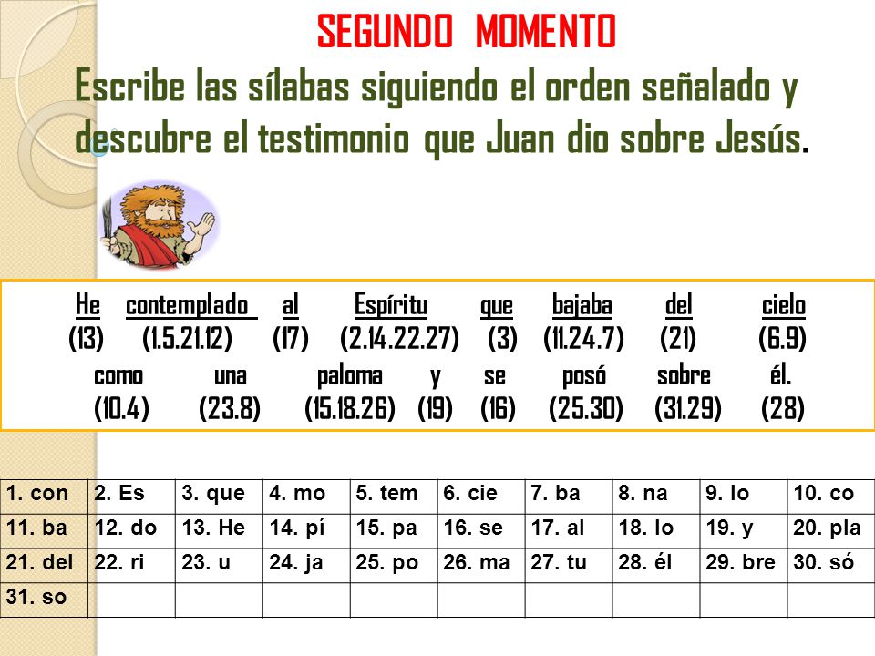 SEGUNDO MOMENTO Escribe las sílabas siguiendo el orden señalado y descubre el testimonio que Juan dio sobre Jesús.