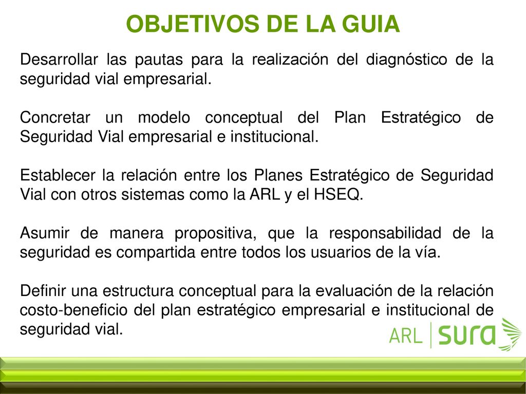 OBJETIVOS DE LA GUIA Desarrollar las pautas para la realización del diagnóstico de la seguridad vial empresarial.