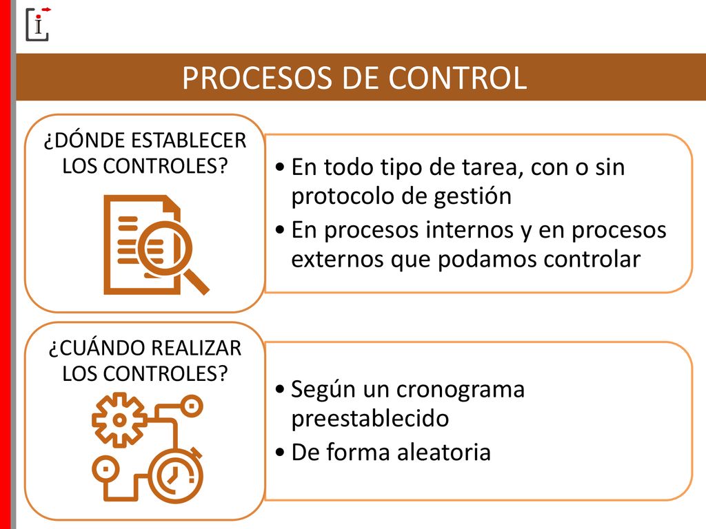 PROCESOS DE CONTROL En todo tipo de tarea, con o sin protocolo de gestión. En procesos internos y en procesos externos que podamos controlar.