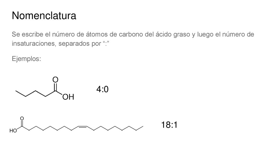 Nomenclatura Se escribe el número de átomos de carbono del ácido graso y luego el número de insaturaciones, separados por :