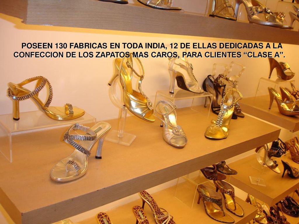 POSEEN 130 FABRICAS EN TODA INDIA, 12 DE ELLAS DEDICADAS A LA CONFECCION DE LOS ZAPATOS MAS CAROS, PARA CLIENTES CLASE A .