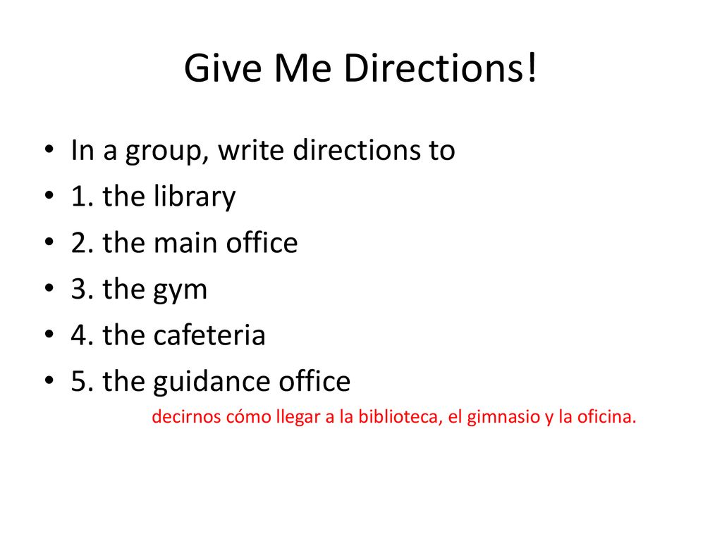 Give Me Directions! In a group, write directions to 1. the library