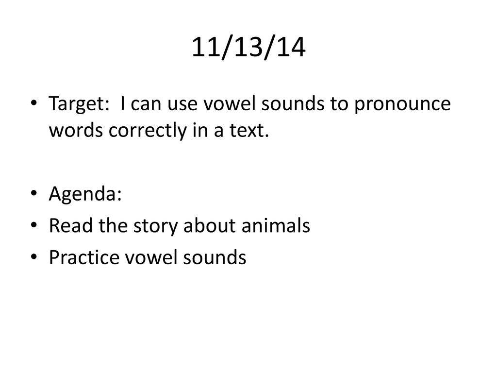 11/13/14 Target: I can use vowel sounds to pronounce words correctly in a text. Agenda: Read the story about animals.