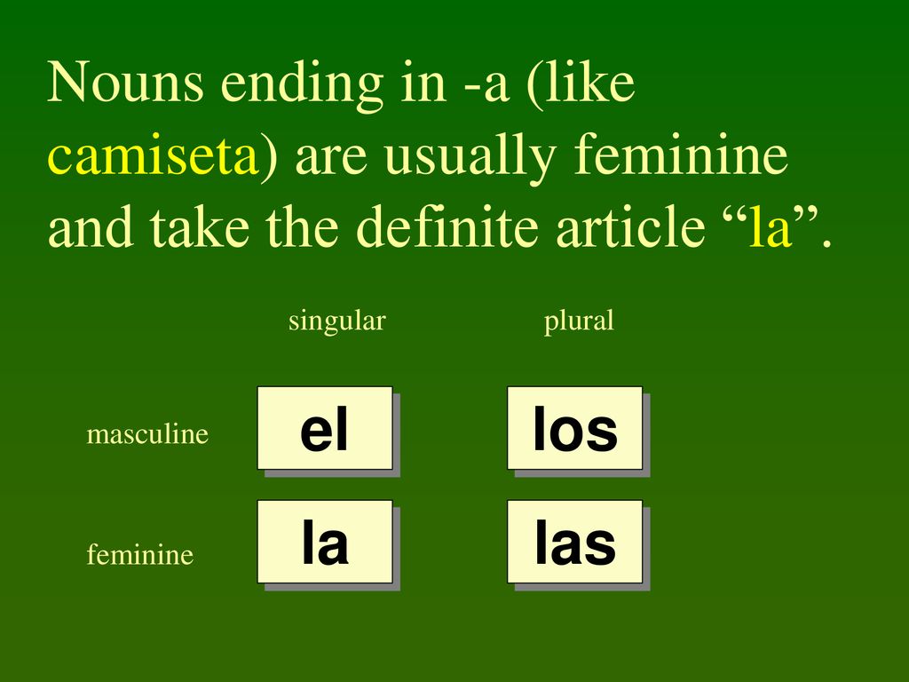 Nouns ending in -a (like camiseta) are usually feminine and take the definite article la .