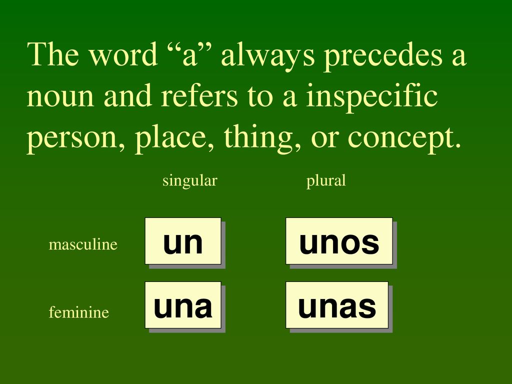 The word a always precedes a noun and refers to a inspecific person, place, thing, or concept.