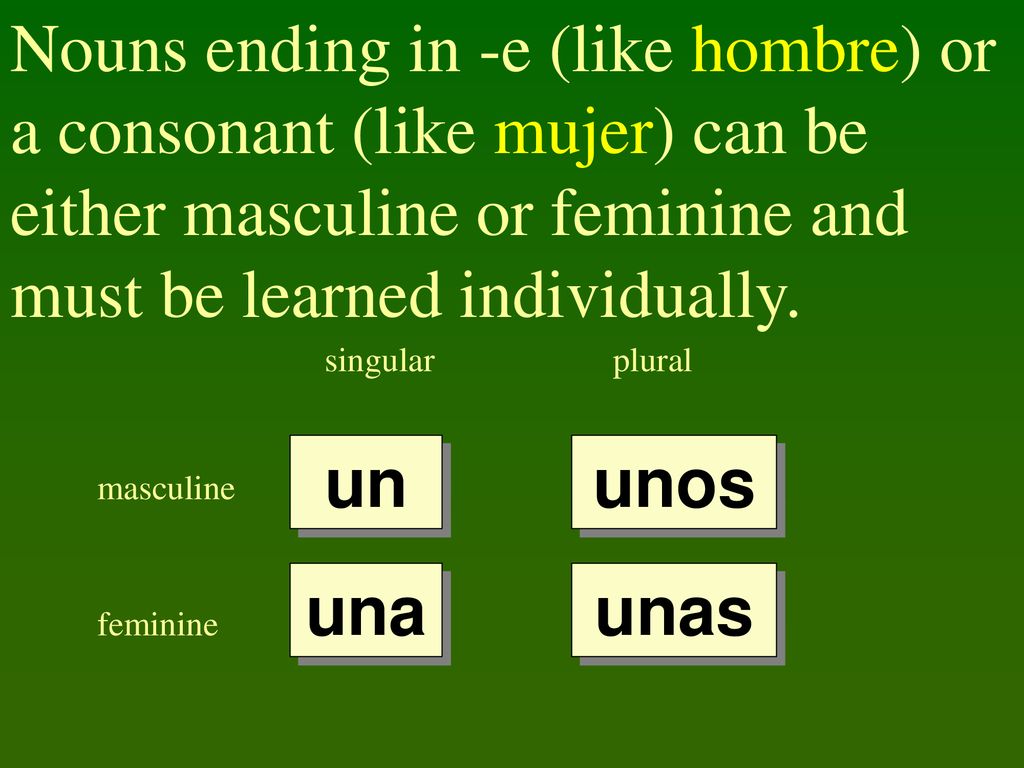 Nouns ending in -e (like hombre) or a consonant (like mujer) can be either masculine or feminine and must be learned individually.