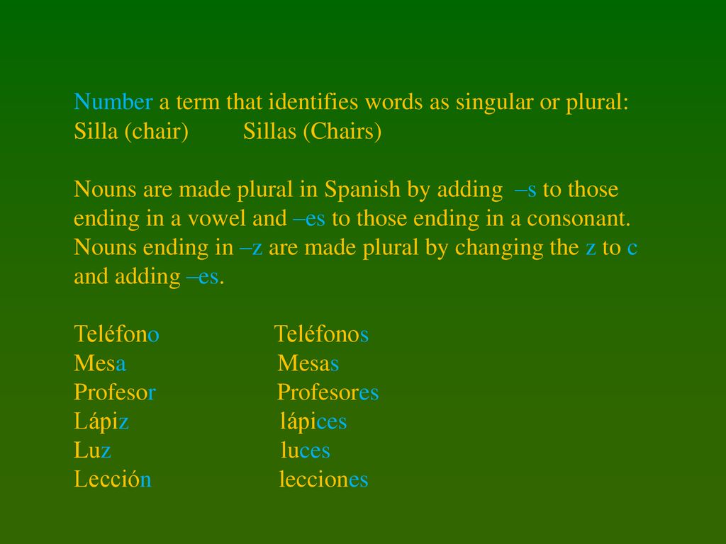 Number a term that identifies words as singular or plural: