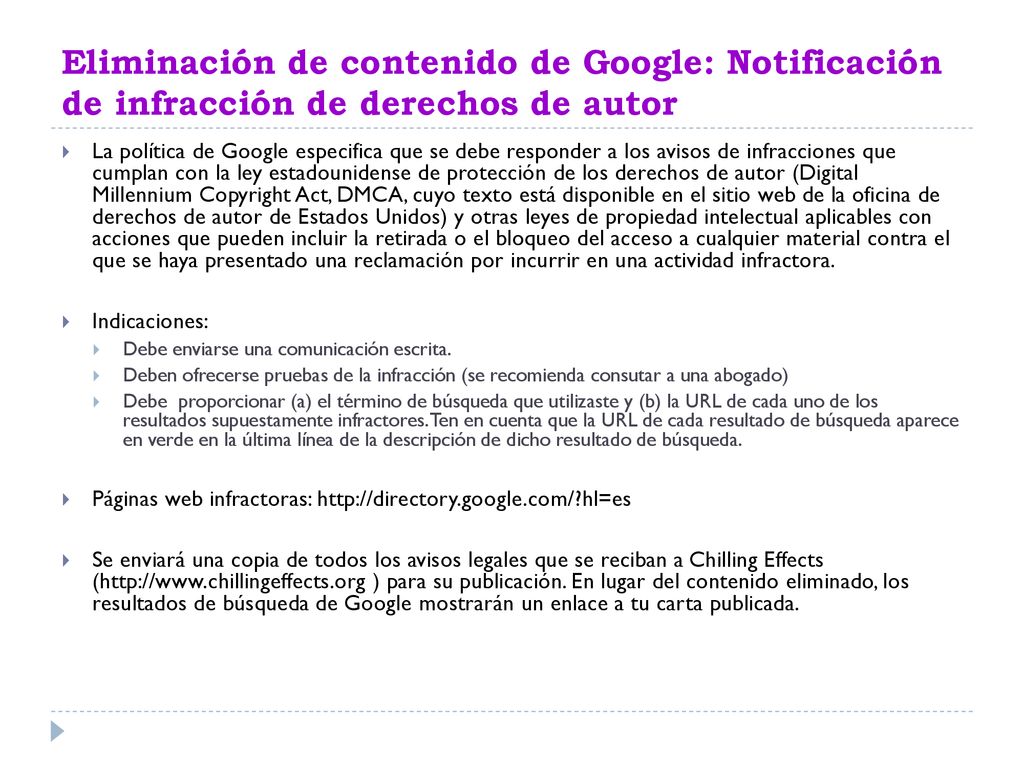 Eliminación de contenido de Google: Notificación de infracción de derechos de autor