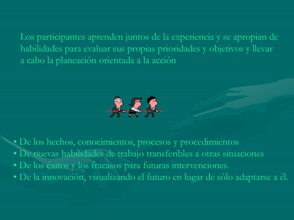 Los participantes aprenden juntos de la experiencia y se apropian de habilidades para evaluar sus propias prioridades y objetivos y llevar a cabo la planeación orientada a la acción