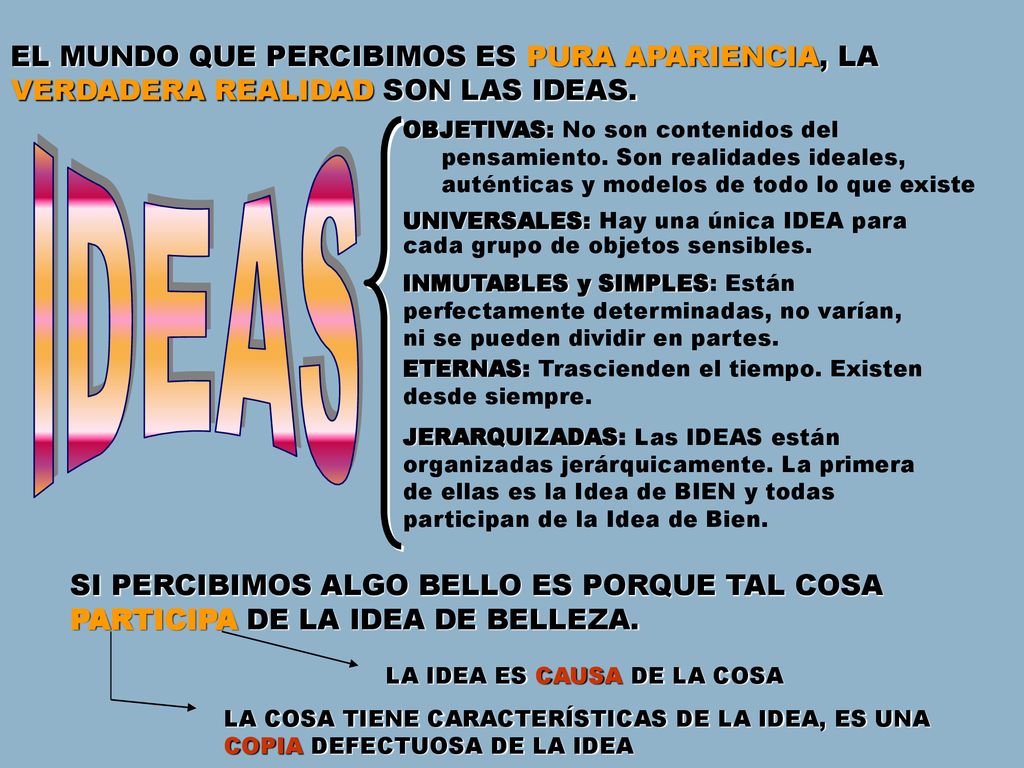 EL MUNDO QUE PERCIBIMOS ES PURA APARIENCIA, LA VERDADERA REALIDAD SON LAS IDEAS.