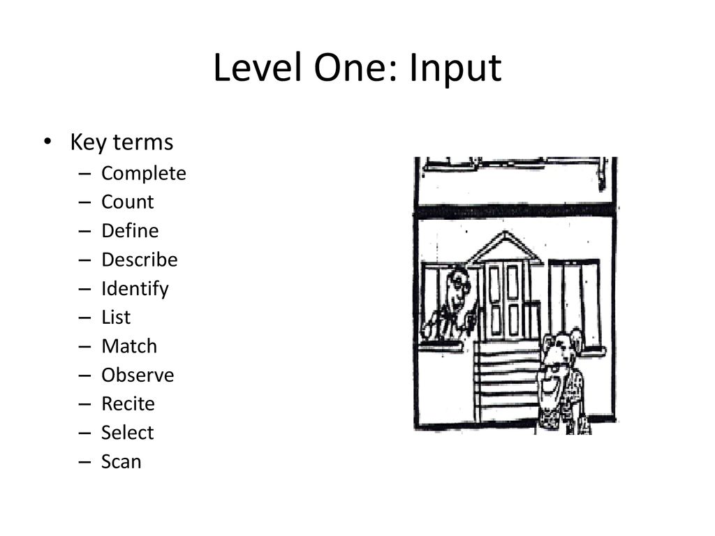 Level One: Input Key terms Complete Count Define Describe Identify