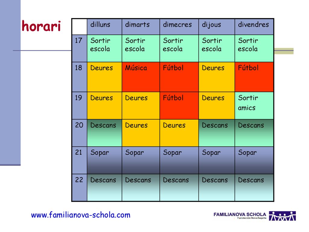 horari dilluns dimarts dimecres dijous divendres 17 Sortir escola 18