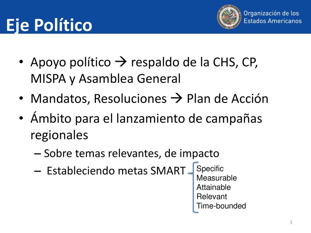 Eje Político Apoyo político  respaldo de la CHS, CP, MISPA y Asamblea General. Mandatos, Resoluciones  Plan de Acción.