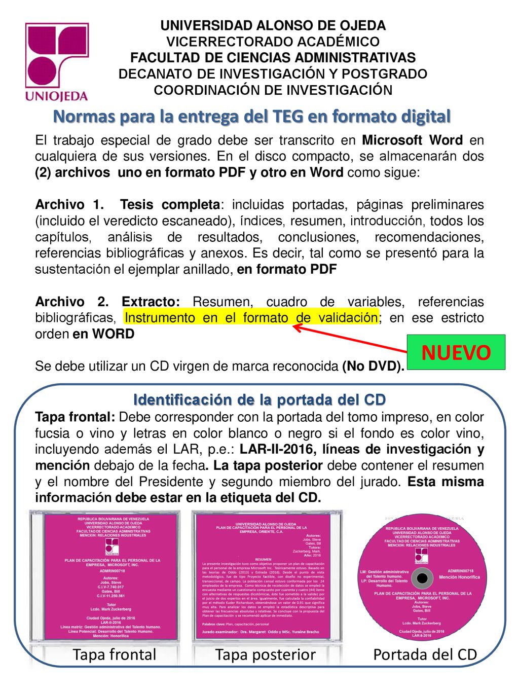 NUEVO Normas para la entrega del TEG en formato digital Tapa frontal