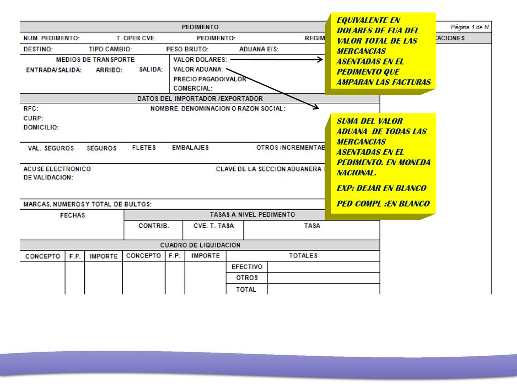 EQUIVALENTE EN DOLARES DE EUA DEL VALOR TOTAL DE LAS MERCANCIAS ASENTADAS EN EL PEDIMENTO QUE AMPARAN LAS FACTURAS