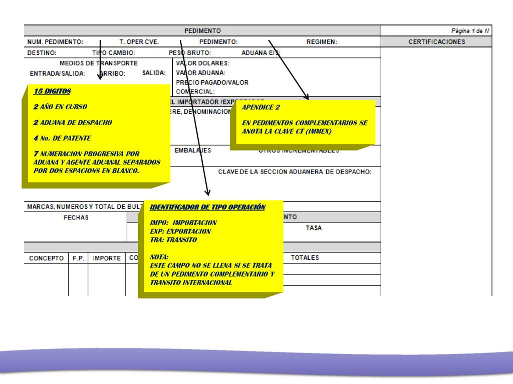 15 DIGITOS 2 AÑO EN CURSO. 2 ADUANA DE DESPACHO. 4 No. DE PATENTE.