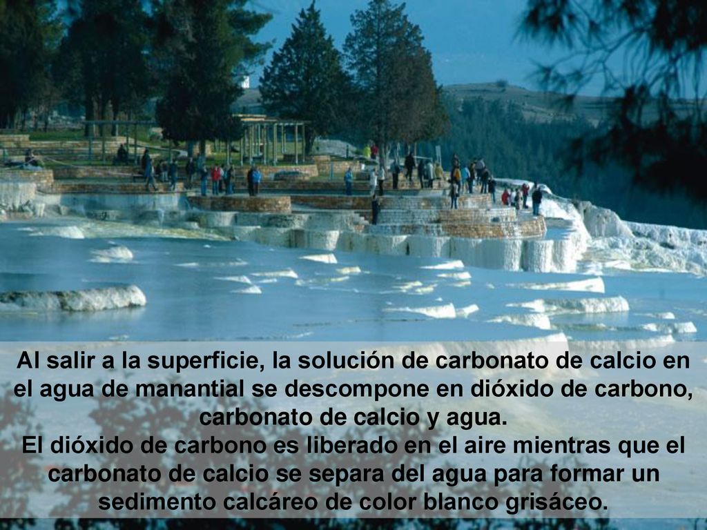 Al salir a la superficie, la solución de carbonato de calcio en el agua de manantial se descompone en dióxido de carbono, carbonato de calcio y agua.