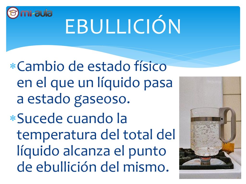EBULLICIÓN Cambio de estado físico en el que un líquido pasa a estado gaseoso.