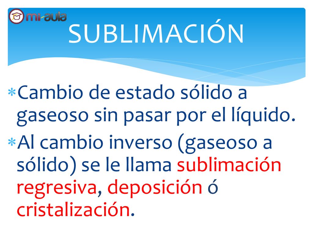 SUBLIMACIÓN Cambio de estado sólido a gaseoso sin pasar por el líquido.