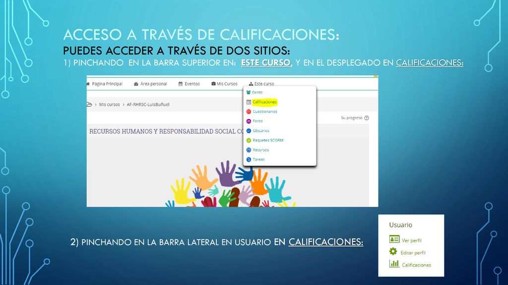 Acceso a través de calificaciones: Puedes acceder a través de dos sitios: 1) PinchaNDO en la barra superior en: este curso, y en el desplegado en calificaciones:
