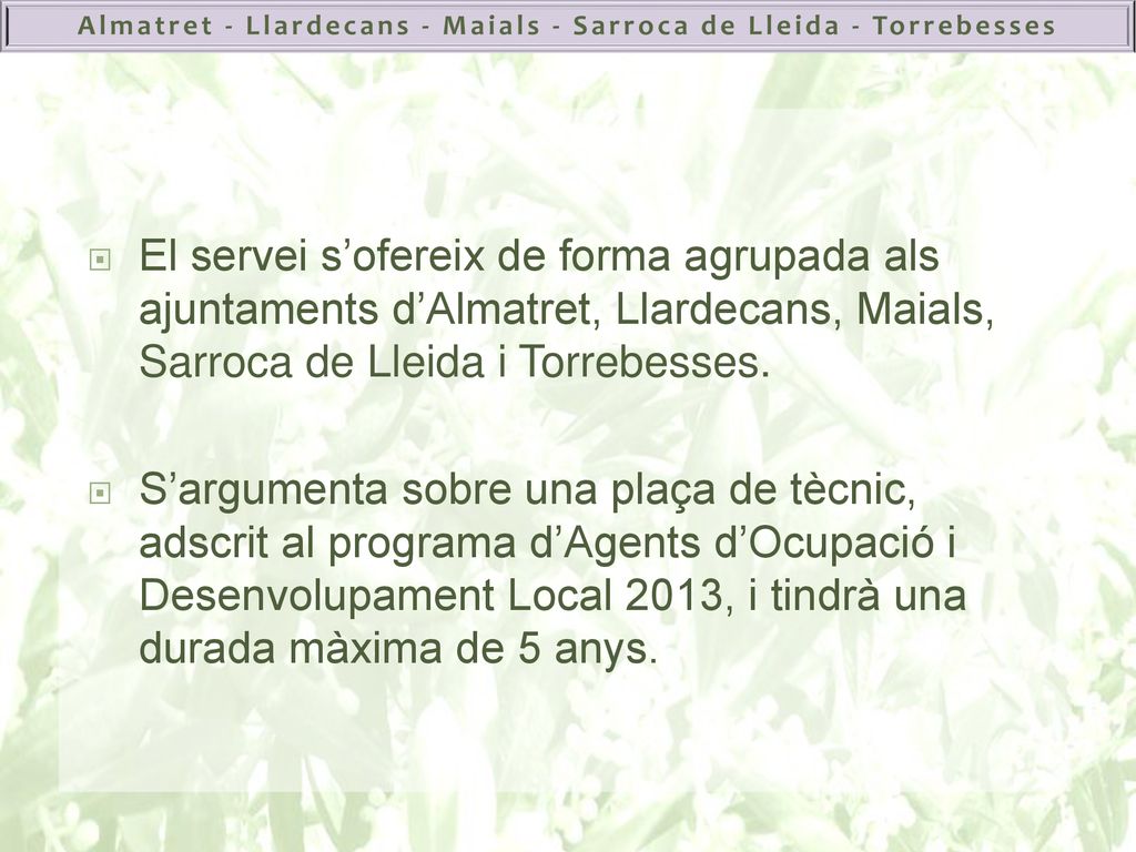 El servei s’ofereix de forma agrupada als ajuntaments d’Almatret, Llardecans, Maials, Sarroca de Lleida i Torrebesses.