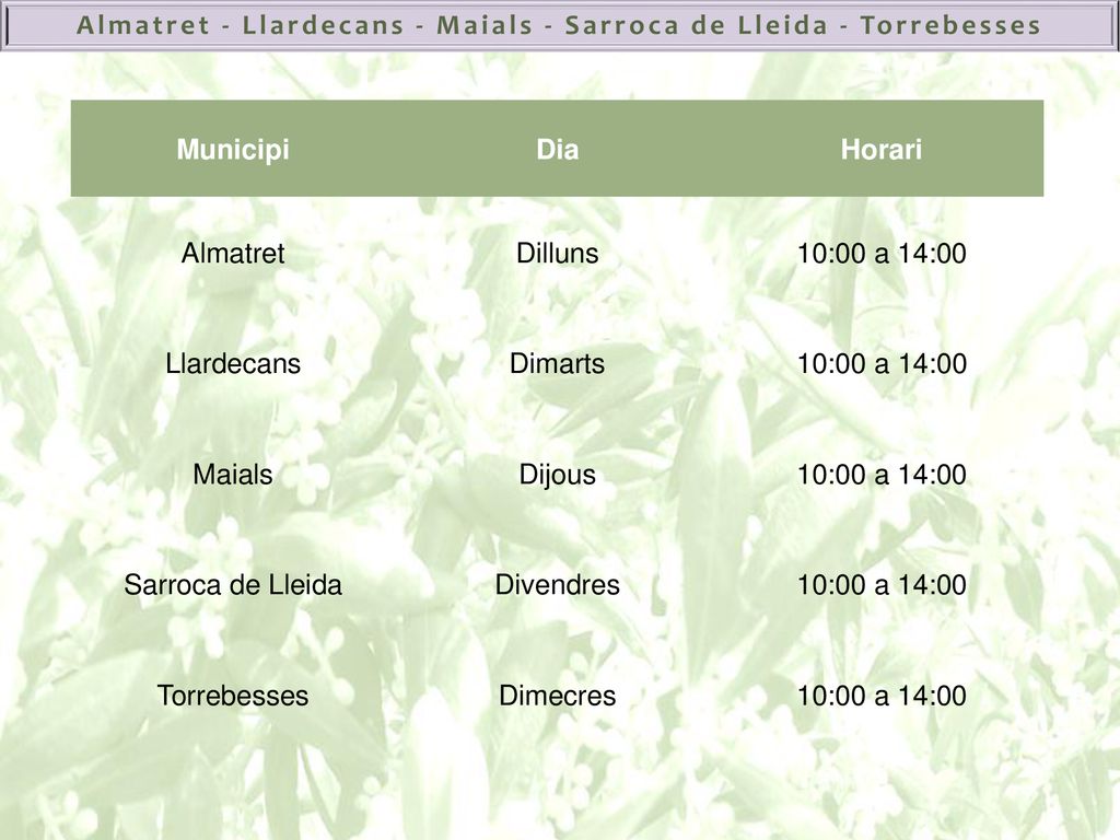 Municipi Dia. Horari. Almatret. Dilluns. 10:00 a 14:00. Llardecans. Dimarts. Maials. Dijous.