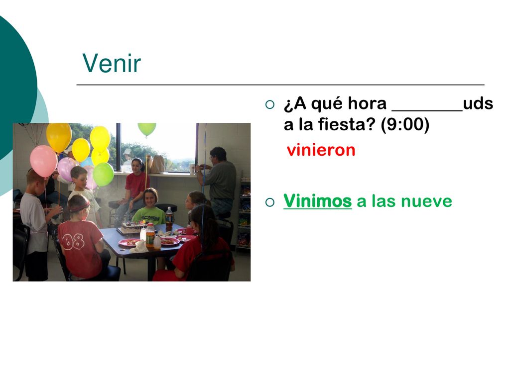 Venir ¿A qué hora ________uds a la fiesta (9:00) vinieron