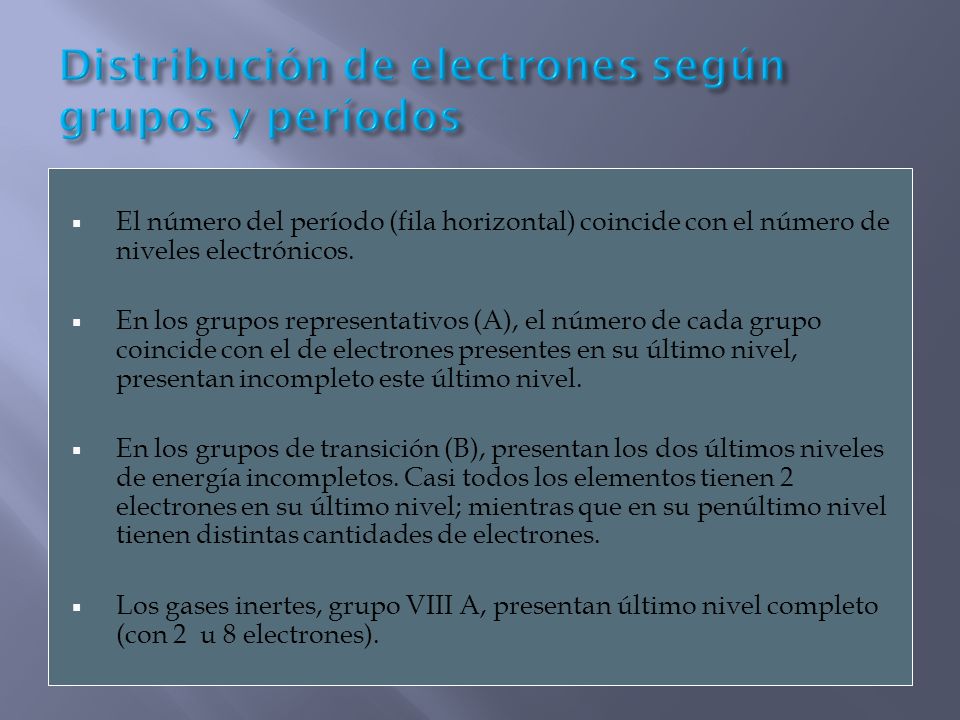Distribución de electrones según grupos y períodos