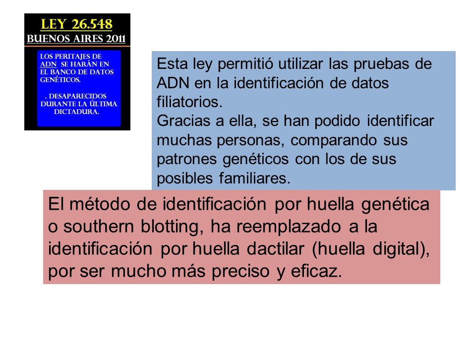 Esta ley permitió utilizar las pruebas de ADN en la identificación de datos filiatorios.