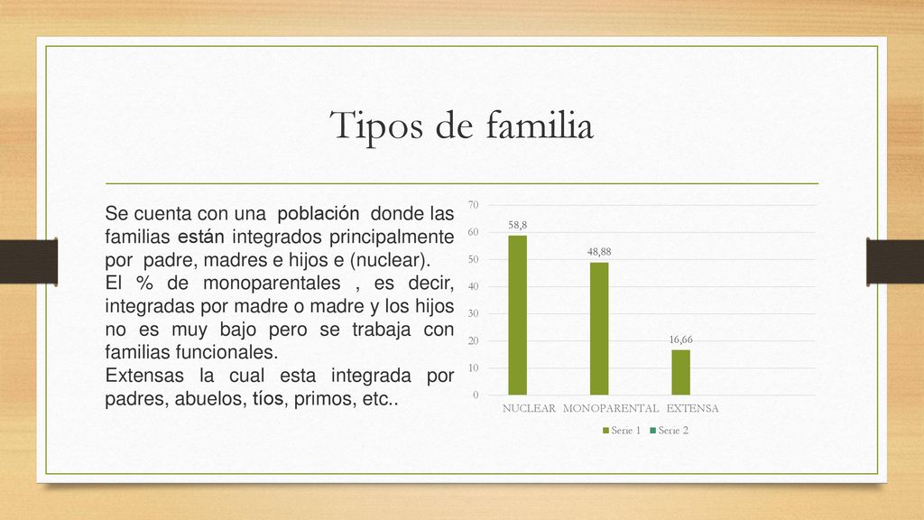 Tipos de familia Se cuenta con una población donde las familias están integrados principalmente por padre, madres e hijos e (nuclear).
