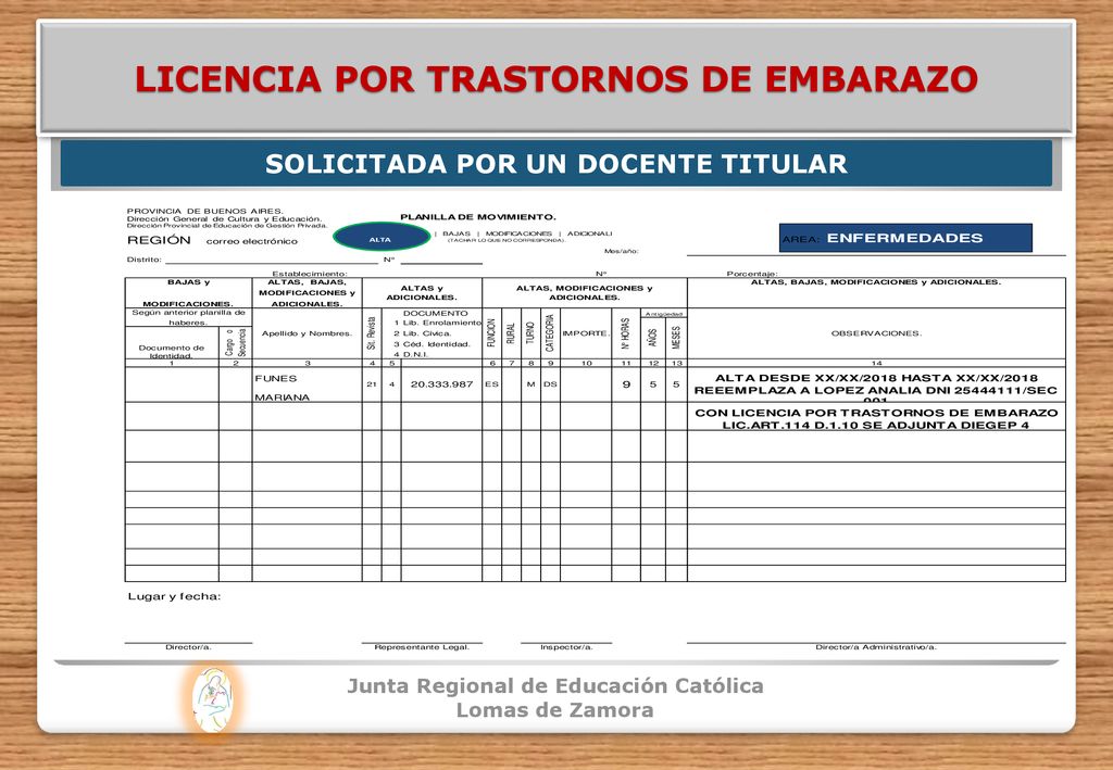 LICENCIA POR TRASTORNOS DE EMBARAZO SOLICITADA POR UN DOCENTE TITULAR