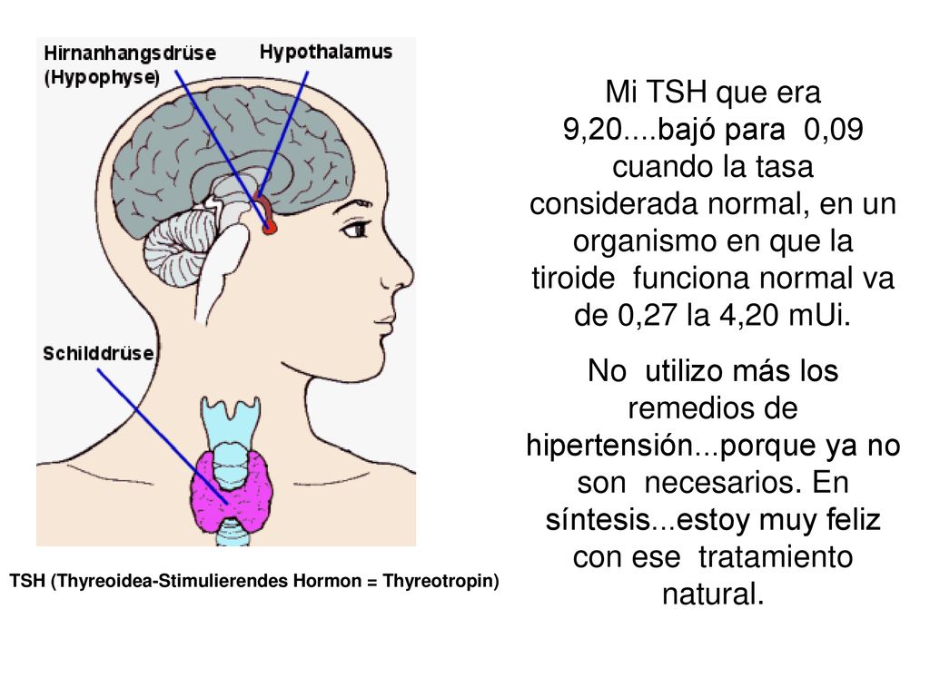 Mi TSH que era 9,20....bajó para 0,09 cuando la tasa considerada normal, en un organismo en que la tiroide funciona normal va de 0,27 la 4,20 mUi.