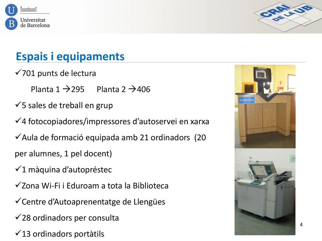 Espais i equipaments 701 punts de lectura Planta 1 295 Planta 2 406