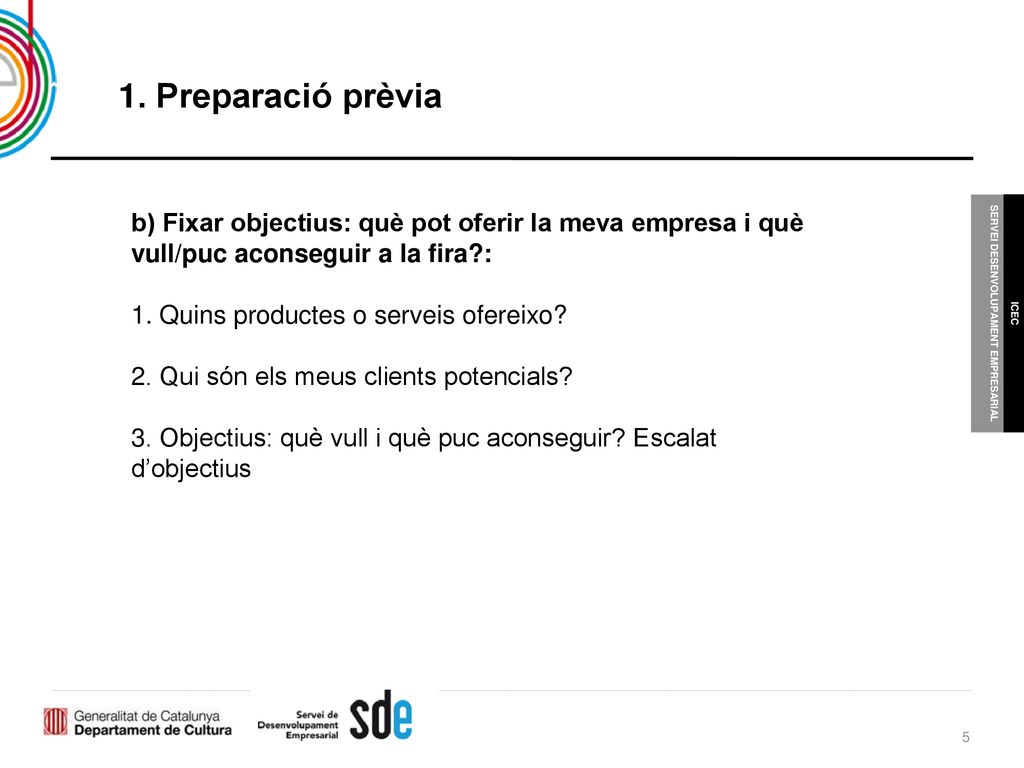 1. Preparació prèvia b) Fixar objectius: què pot oferir la meva empresa i què vull/puc aconseguir a la fira :